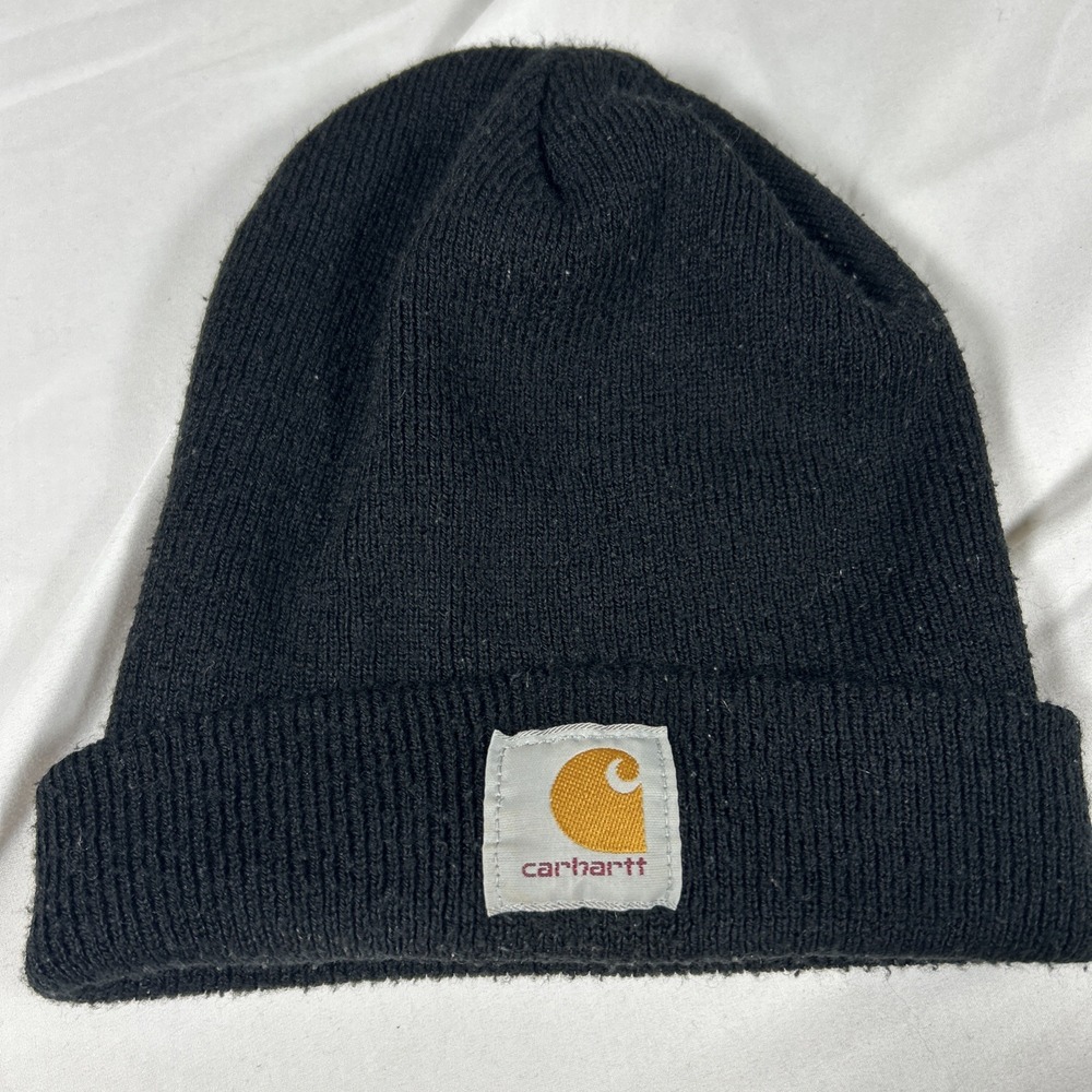 Carhartt Hat Mens One-Size Black Knit Logo Thermal Folded Beanie 100% Acrylic